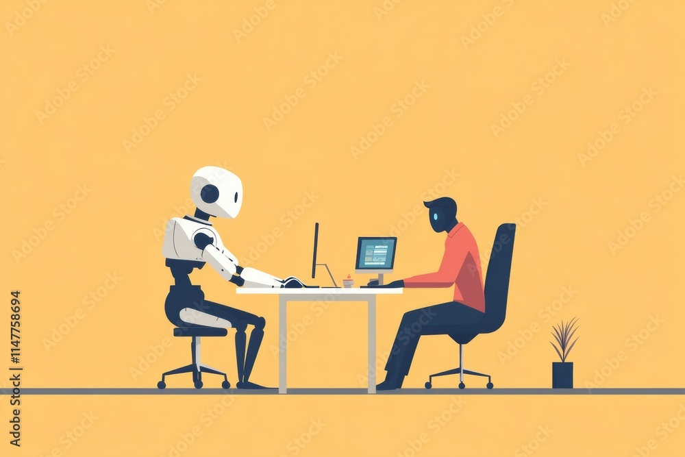 Aufkleber Collaboration between a human and a robot working on a project at a modern desk in a bright workspace. Generative AI