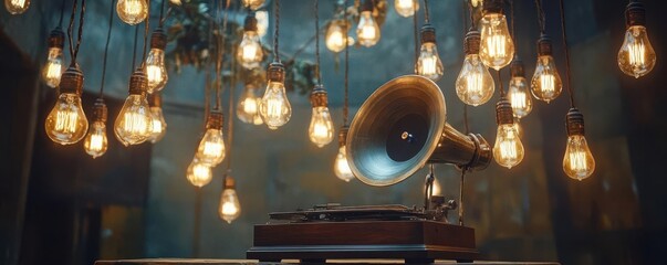 A gramophone playing under a canopy of hanging Edison bulbs, vintage auditory nostalgia