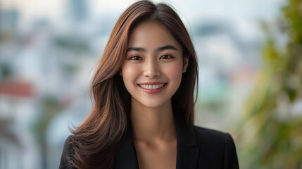 Obraz premium In a bright, modern environment, a young Asian businesswoman stands confidently. Her warm smile radiates positivity as she engages with colleagues and inspires her team