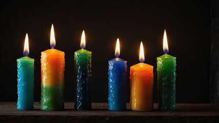 Three vibrant candles, green, blue, and orange, burn with soft flames in a dark setting, creating a serene ambiance ideal for themes of tranquility and meditation