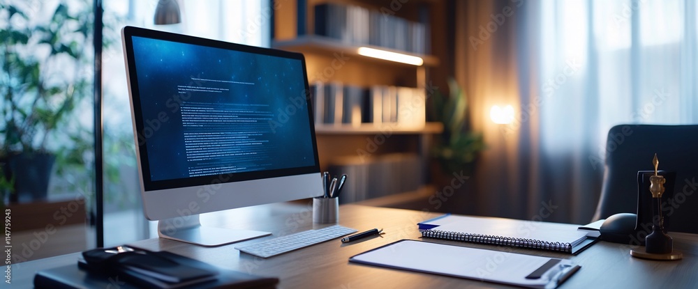 Poster modern home office desk with computer displaying code, documents, and stationery.