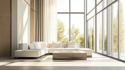 Fototapeta premium Minimalist modern living room with elegant, clean design. Featuring sleek lines and soft tones