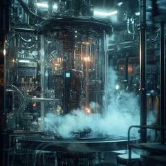 Futuristic laboratory glass vessel filled with steam and glowing internal machinery.
