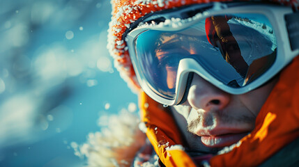 Close-Up Portrait of Smiling Man Skier with Ski Goggles on Snowy Day