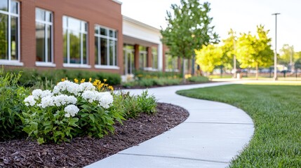 Obraz premium Modern building exterior with landscaped walkway and flowers.