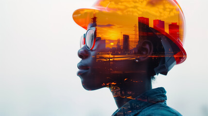 Profile View of a Worker in Helmet with Double Exposure on White Background