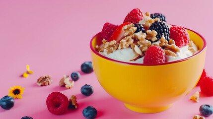 Yogurt with nuts and berries in yellow bowl on pink background