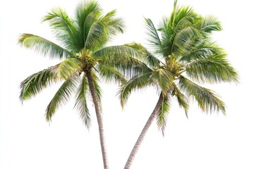 Two lush green coconut palm trees isolated on white background. (1)