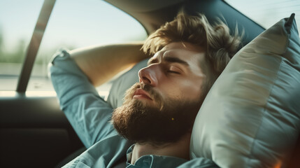 Relaxing male with pillow napping in car during travel