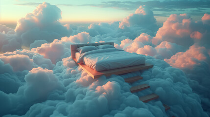 Floating Bed in Surreal Cloudy Heaven with Ladder on a Sunny Day