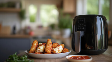 A black air fryer beside a plate of crispy snacks and dipping sauce in a kitchen setting.