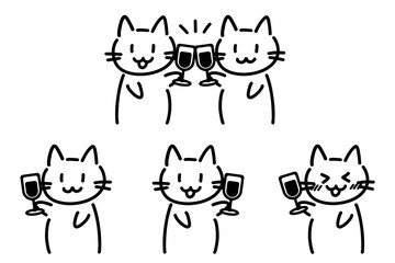 ワインを持って乾杯する手書きの三毛猫のイラストセット