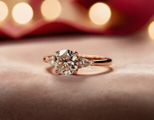 Elegant Engagement Diamond Ring on Velvet with Rose Petals - Romantic Setting for Valentine’s Day and Proposals