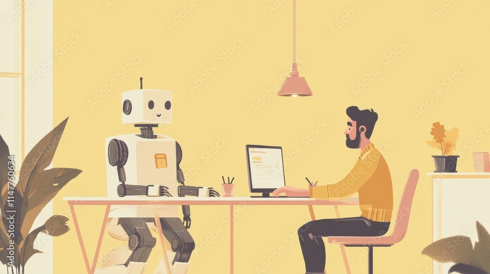Poster Collaborating on a workspace project between human and robot at a modern desk during daytime. Generative AI