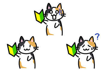 若葉マークを持っている手書きの三毛猫のイラストセット
