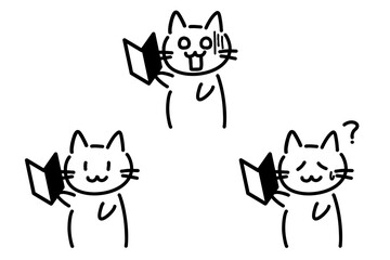 若葉マークを持っている手書きの猫のイラストセット