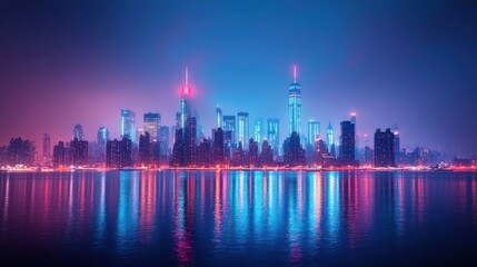 Fototapeta premium Night cityscape, vibrant neon lights, water reflection.