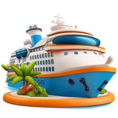 A colorful cartoon cruise ship with palm trees, designed for a fun and playful maritime theme.