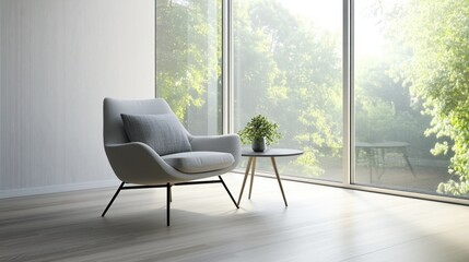 Fototapeta premium Minimalist modern living room with open space. Featuring minimal furnishings and a neutral palette