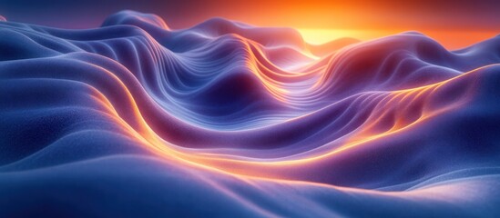 Obraz premium Abstract 3D landscape with glowing waves at sunset.