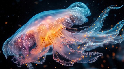 Naklejka premium Luminous jellyfish, glowing orange, underwater beauty.