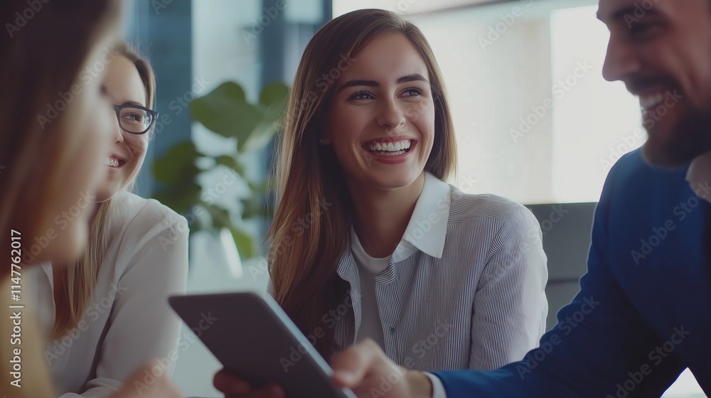 Poster bright smiles illuminate the room as a group of enthusiastic business professionals engage in a dyna