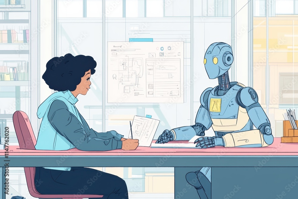 Aufkleber collaboration between a human and a robot at a desk on a project during bright daylight in a modern 