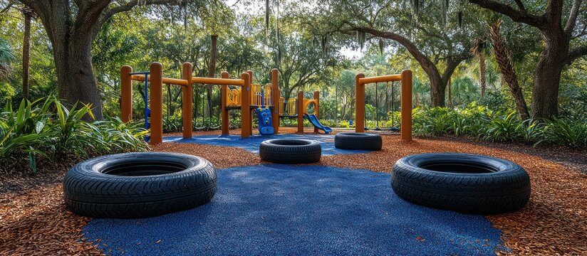 Empty playground with tire obstacles and wood climbing frame.