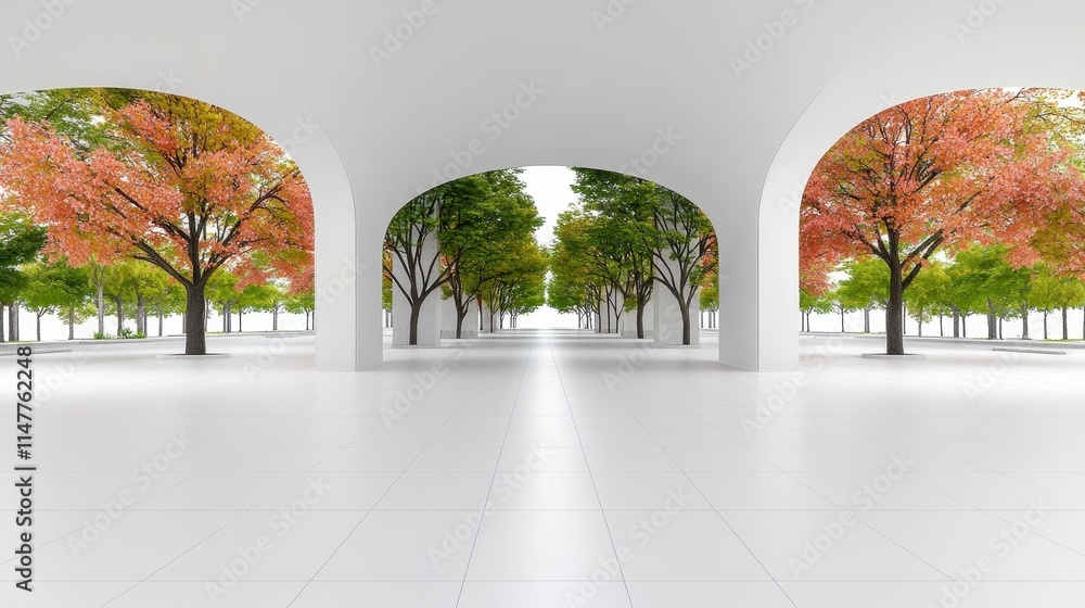 Aufkleber a modern space featuring arched openings with vibrant autumn trees, creating a serene and inviting a