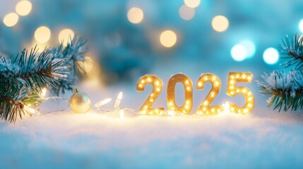 Golden figures number 2025 against the blue snow background. Greeting card, Happy New Year