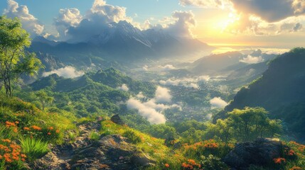 Mountain valley vista, sunrise, lush greenery, clouds.
