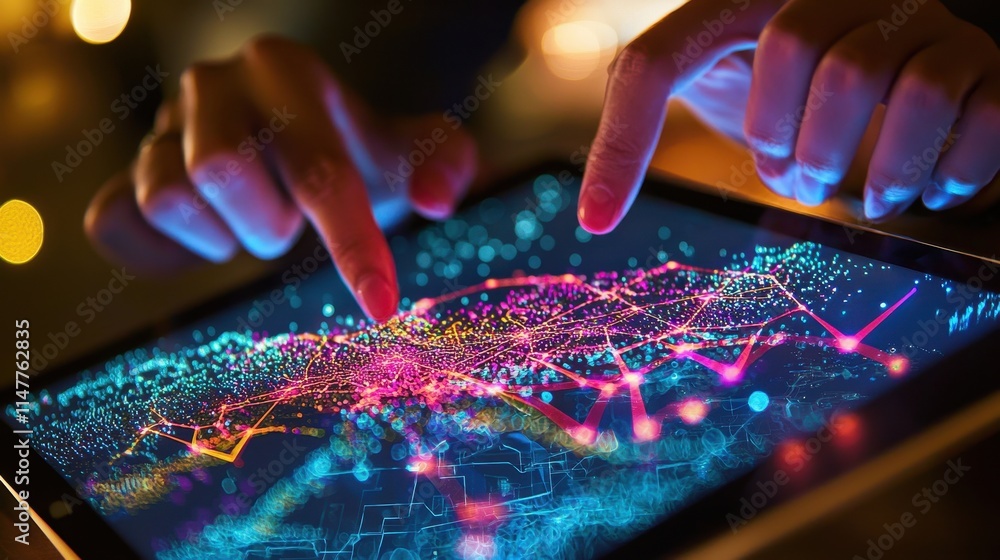 Aufkleber person reviewing growth data on tablet with colorful visualization and touch interaction