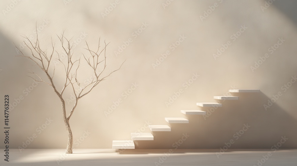 Poster a minimalist scene featuring a barren tree next to a staircase, illuminated by soft light, creating 