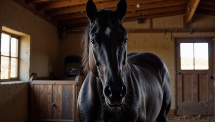 Black Horse Standing in a Stable