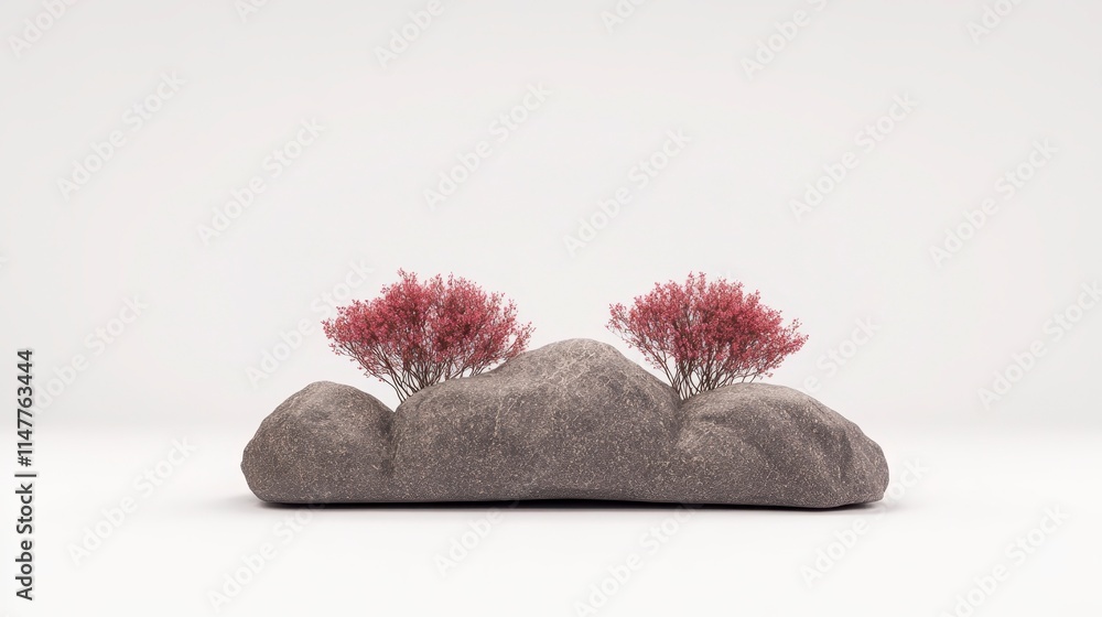 Poster a minimalistic design featuring a smooth stone with two clusters of pink foliage, creating a serene 
