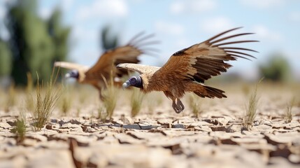 Obraz premium Two vultures in flight over cracked earth.
