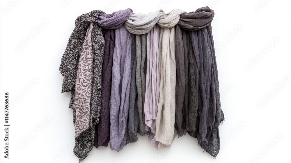 Poster a collection of scarves in various shades, elegantly arranged, showcasing different textures and pat