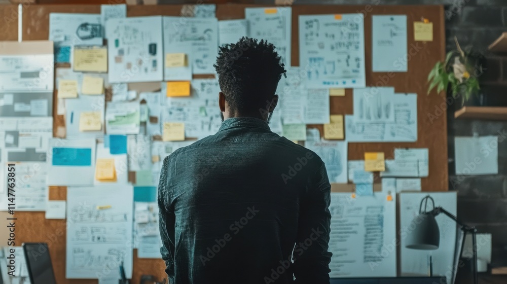 Poster professional strategist examines project roadmap and notes in a creative workspace filled with ideas