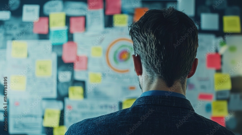 Poster professional strategist analyzing project roadmap with colorful post-it notes in modern office envir