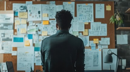 Professional strategist examines project roadmap and notes in a creative workspace filled with ideas and plans.