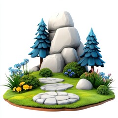 A vibrant, cartoonish landscape featuring a rocky outcrop, colorful flowers, lush grass, and stylized trees along a winding stone pathway.