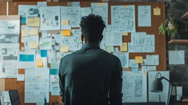 Professional strategist examines project roadmap and notes in a creative workspace filled with ideas and plans.