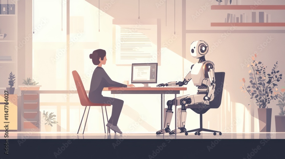 Aufkleber Collaboration between human and robot at a modern workspace engaging in a project. Generative AI