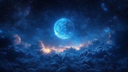 Blue moon, starry night, cloudy sky.