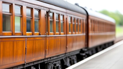 Fototapeta premium A vintage wooden train carriage showcases its elegant design at a serene station, blending history with travel nostalgia.