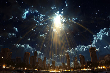 radiant beam of light breaks through dramatic night clouds, illuminating city skyline