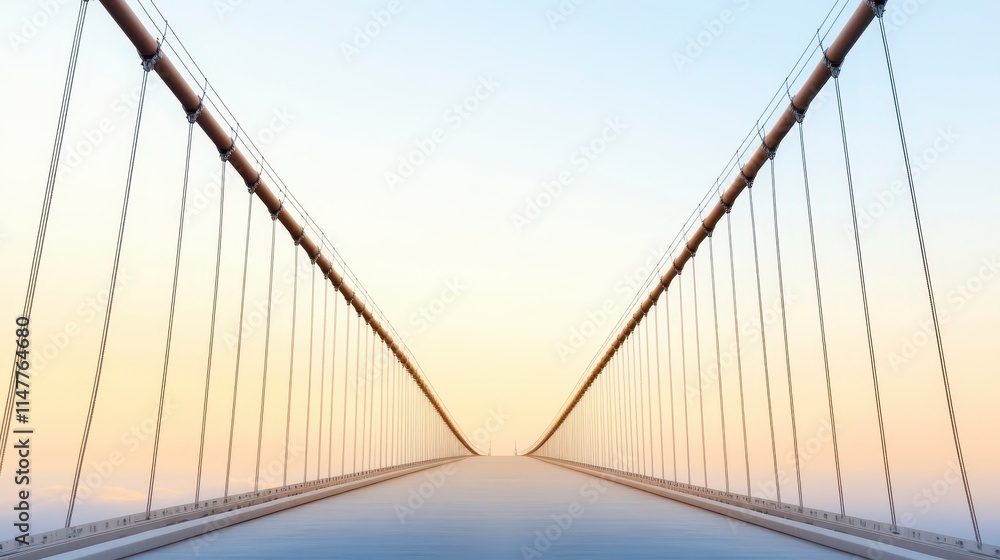 Poster a serene suspension bridge stretches into the horizon, framed by a soft gradient sky, creating a sen