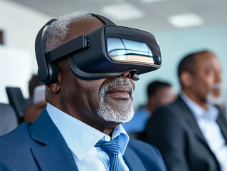 elderly businessman wearing virtual reality headset in modern office setting