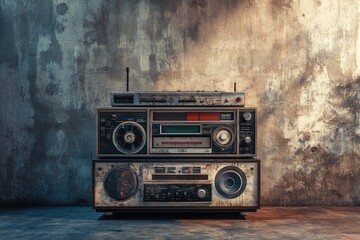 Vintage boombox on concrete wall background  1980s style.