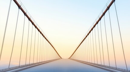 A serene suspension bridge stretches into the horizon, framed by a soft gradient sky, creating a sense of calm and openness.